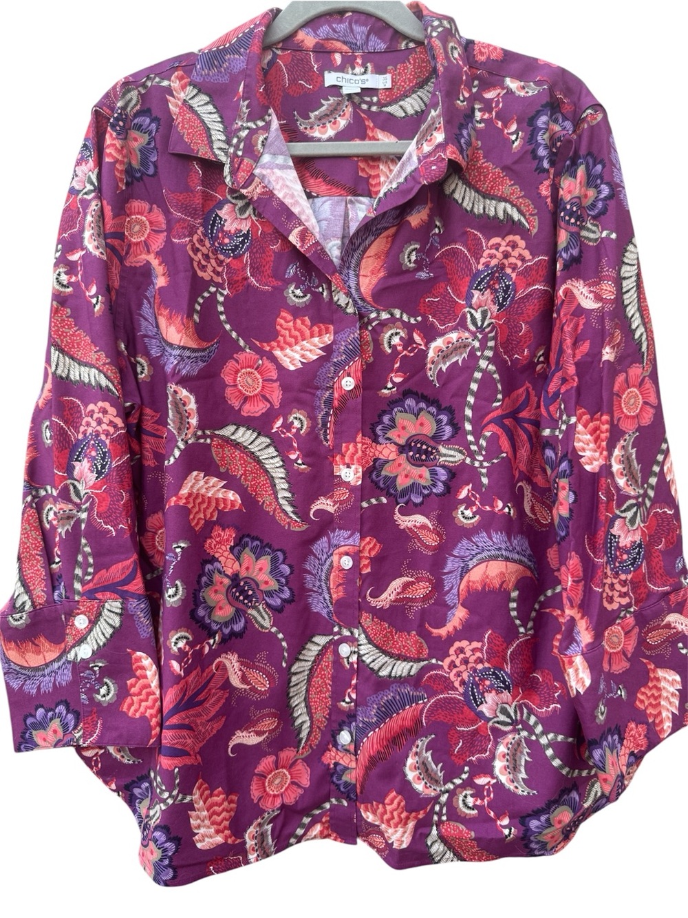 Chico’s Size 3 Purple Floral Paisley Button Front Blouse Women’s Large 14/16